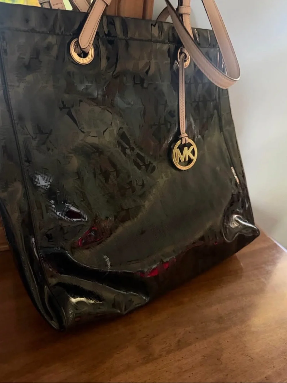 Michael Kors Black Patent Tote with Tan Straps and Gold MK Charm